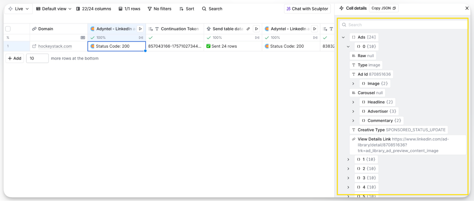 Adyntel API response showing LinkedIn ads data in Clay