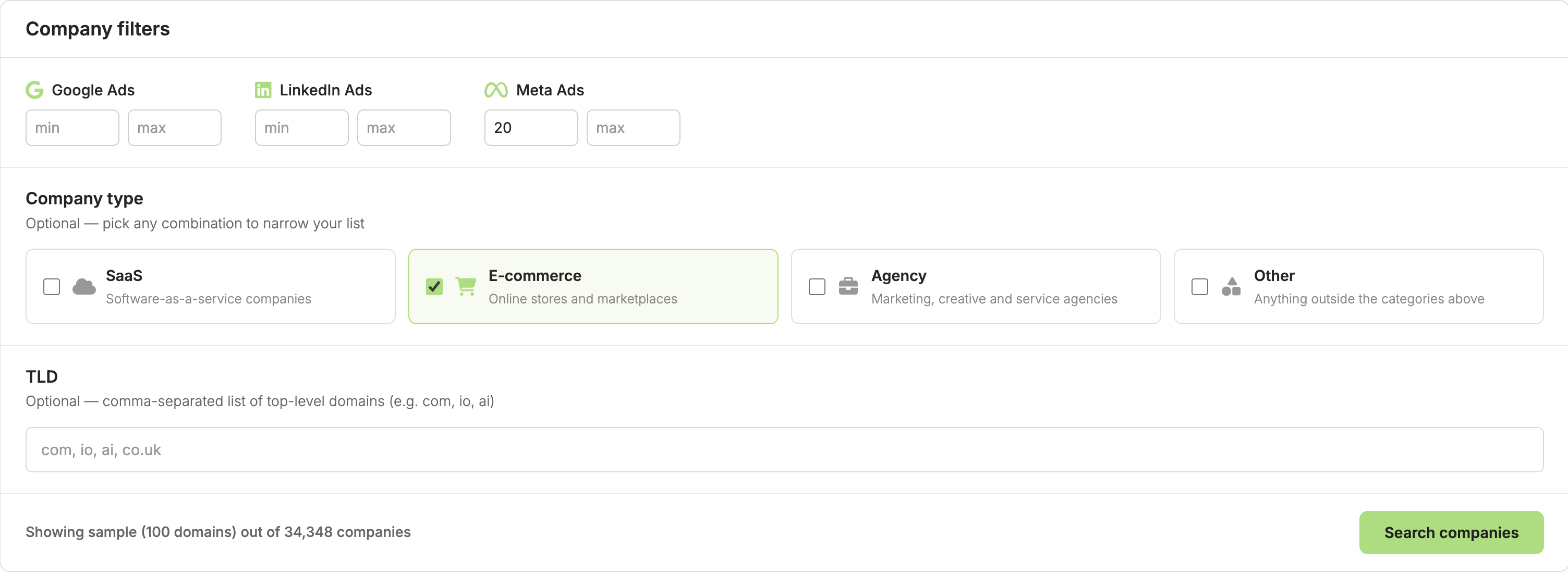 Adyntel advertiser database filter panel: ad count ranges for Google, LinkedIn, and Meta, company type, and TLD