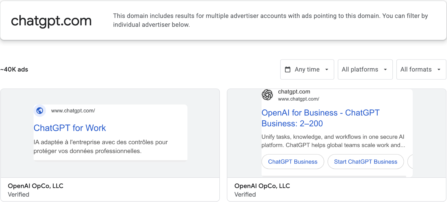 The chatgpt.com domain page in the Ads Transparency Center, with the multiple-accounts note, the rounded ad count, three filter menus and two search ads credited to OpenAI OpCo, LLC