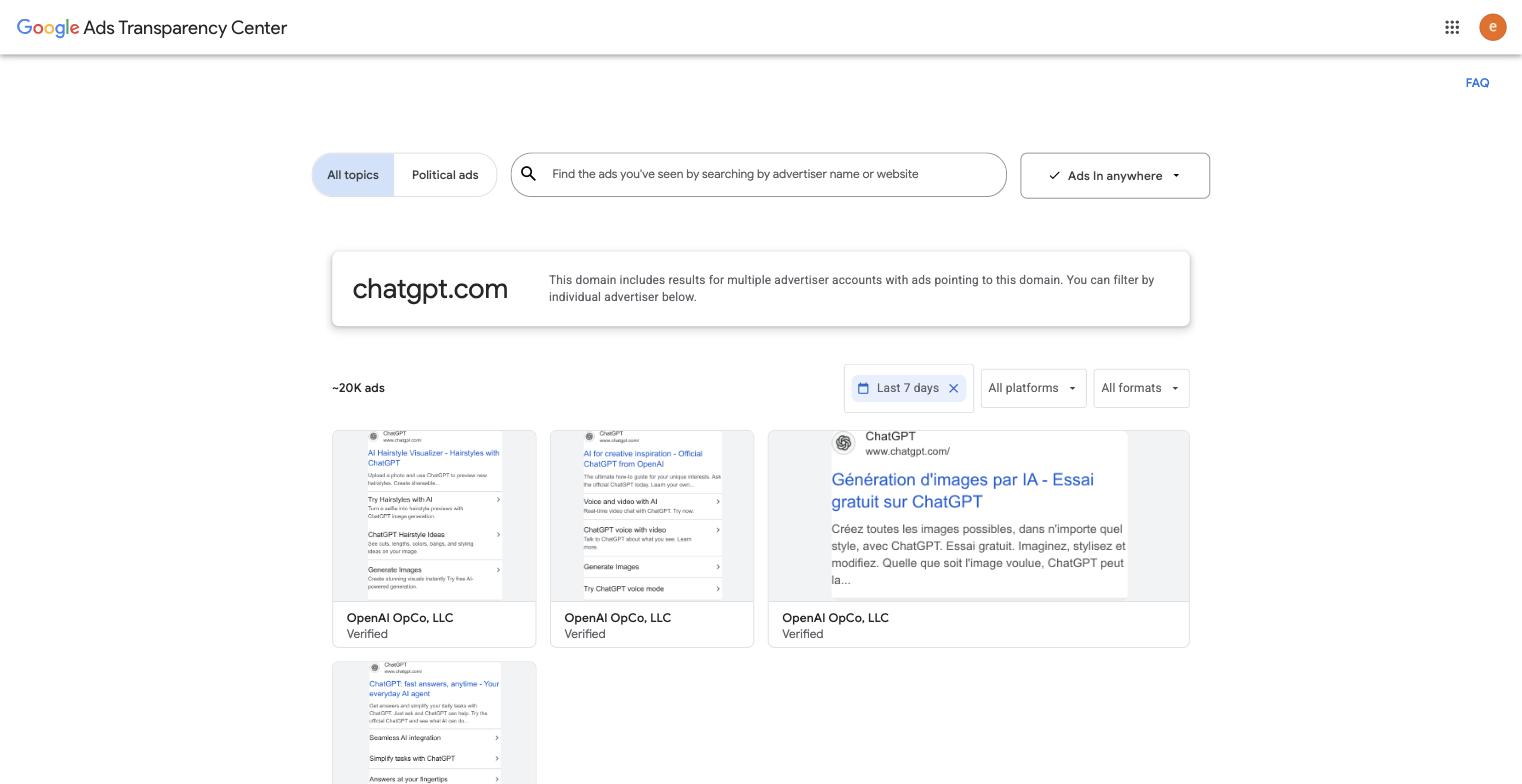 The chatgpt.com domain page with the date menu set to Last 7 days, showing about 20,000 ads