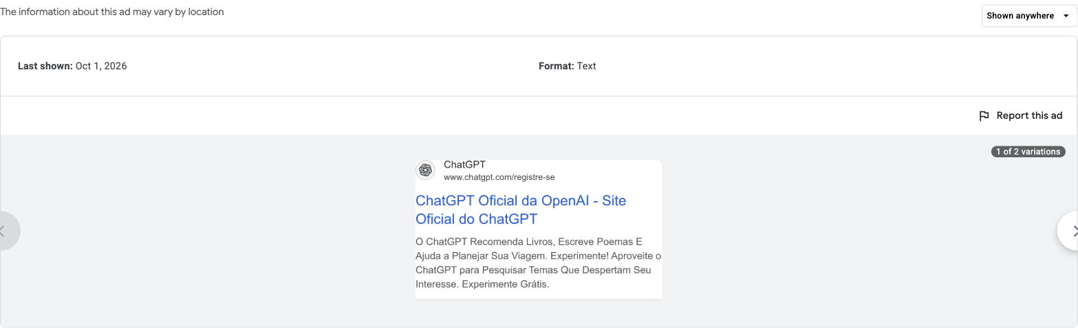 An ad page in the Ads Transparency Center with the region on Shown anywhere: a short panel with a last-shown date and a format, then the search ad drawn as a picture with a badge reading 1 of 2 variations