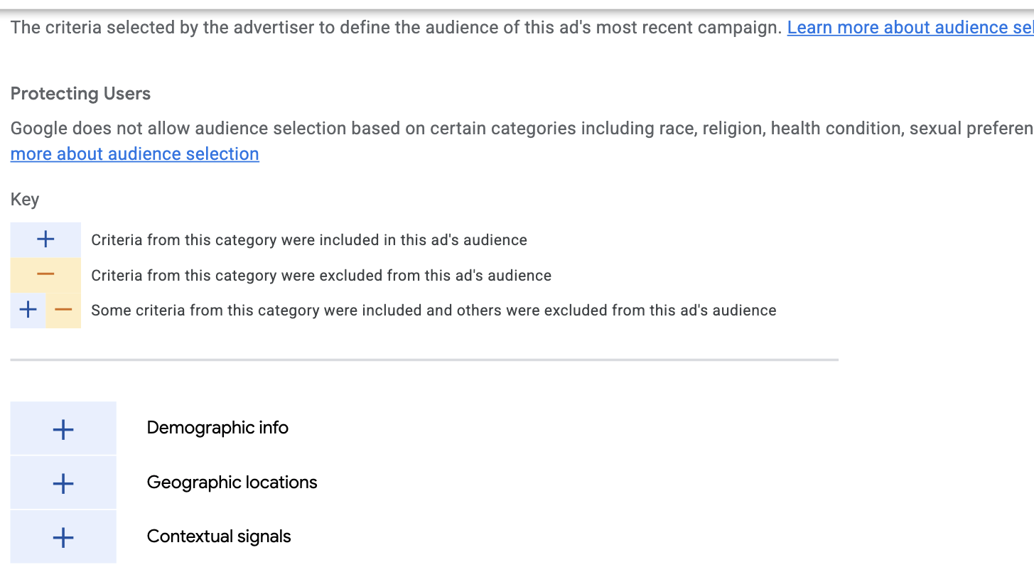 The audience selection block, with the plus and minus key and three category rows all marked plus