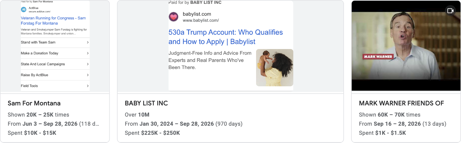 Three political ad cards in the Ads Transparency Center for the United States