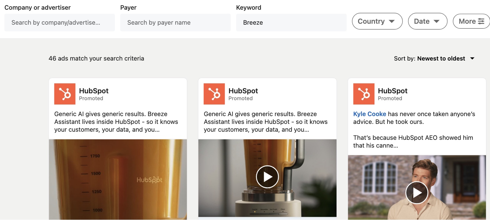 Page id search for HubSpot with the keyword Breeze: 46 ads match