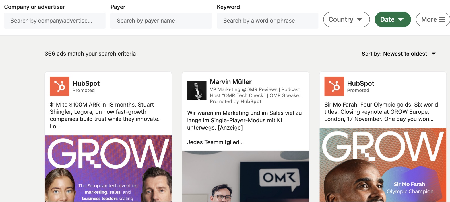 Page id search for HubSpot with the Date filter on: 366 ads match