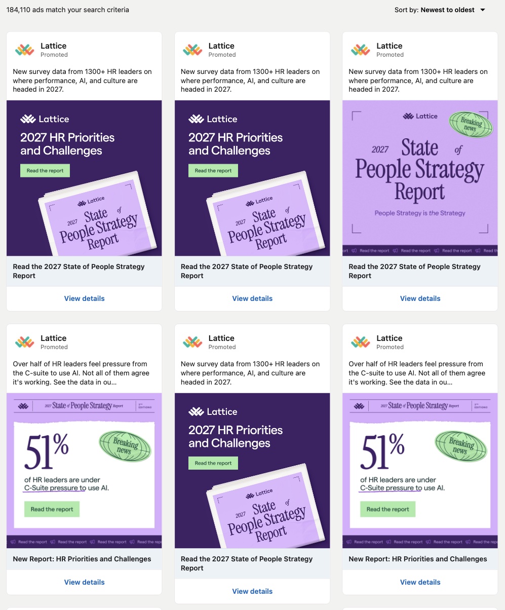Page id search for Lattice: 184,110 ads match, and the first six cards repeat two report ads