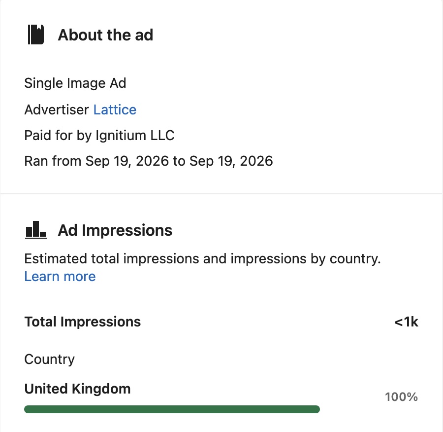 About the ad panel for a Lattice ad: advertiser Lattice, paid for by Ignitium LLC, ran September 19 to September 19, 2026, under 1k impressions, United Kingdom 100%