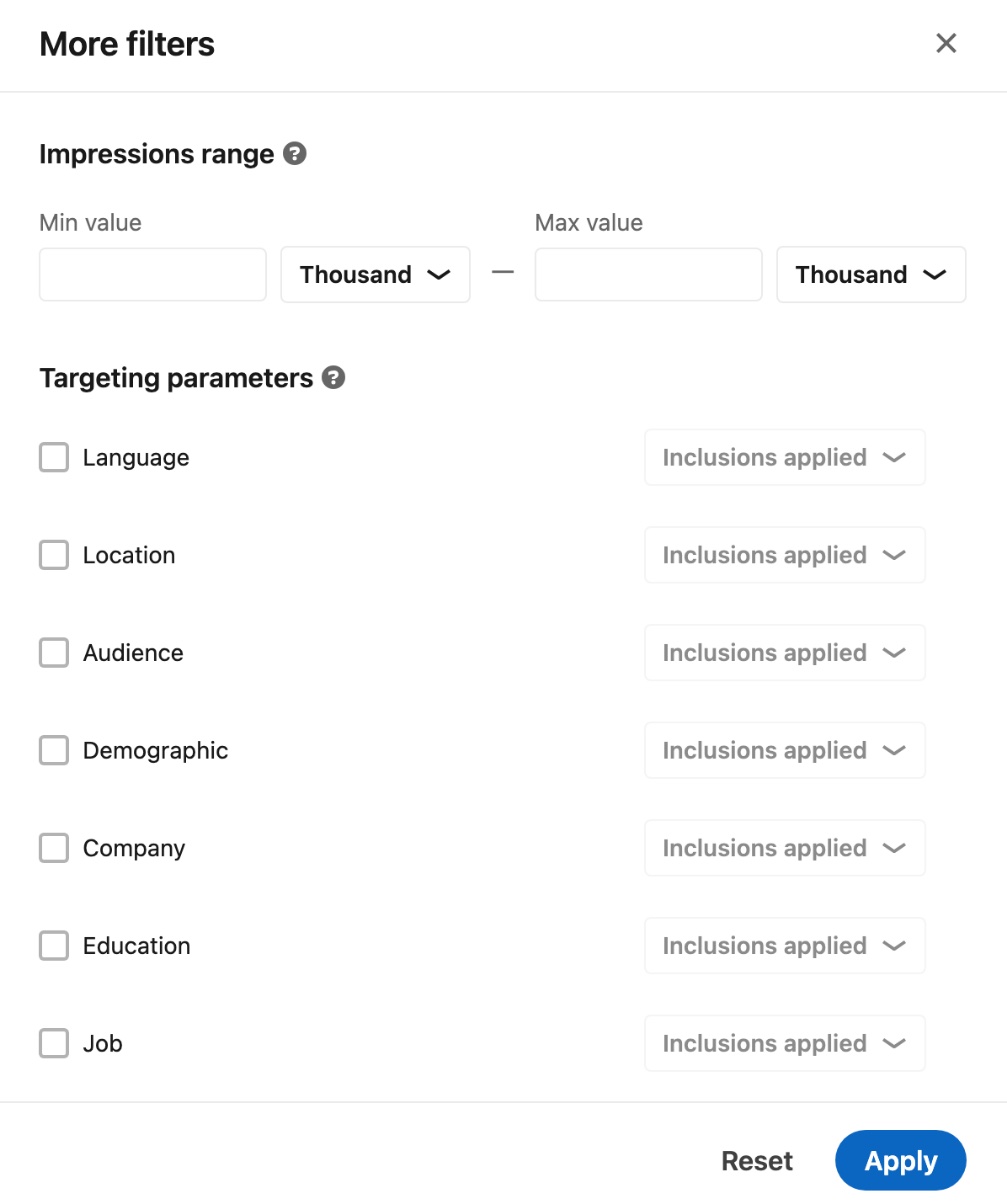 The More filters panel: an impressions range with minimum and maximum, and targeting parameters from Language to Job, each with Inclusions applied