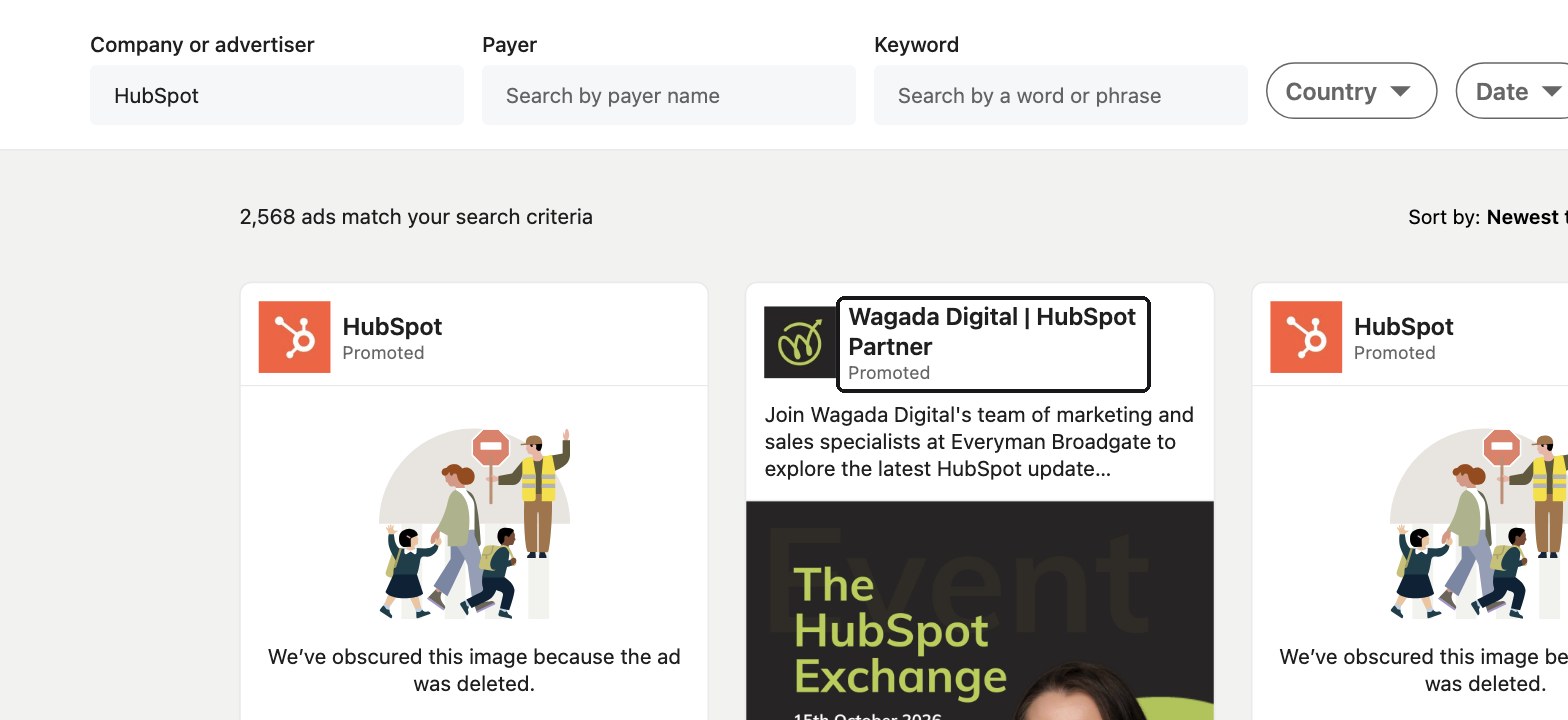 Name search for HubSpot: 2,568 results, with a partner agency called Wagada Digital | HubSpot Partner among them