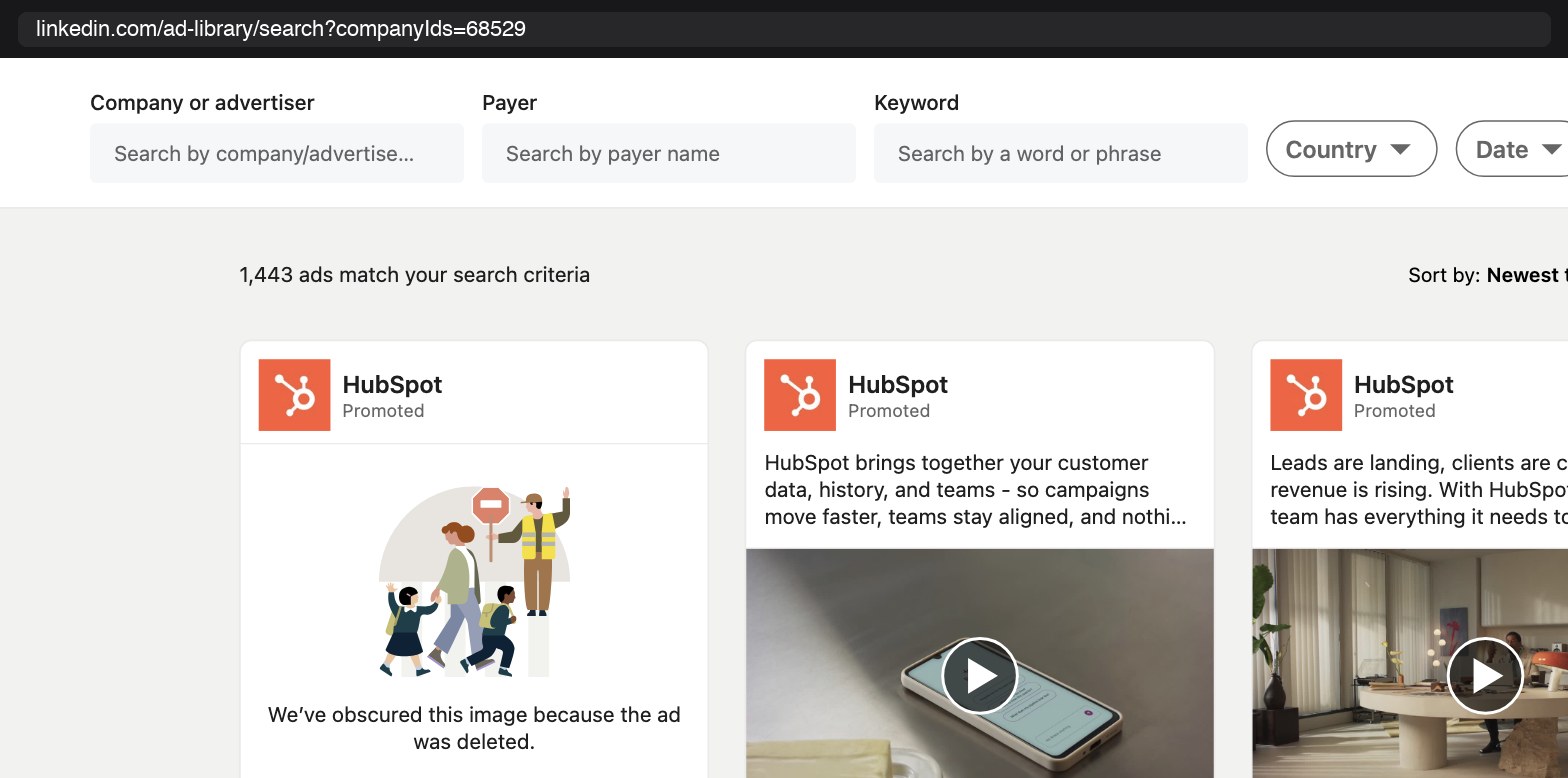 The same search by page id: 1,443 results, all from HubSpot