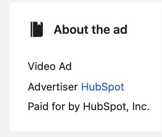 The About the ad panel for a US HubSpot ad: format, advertiser, payer