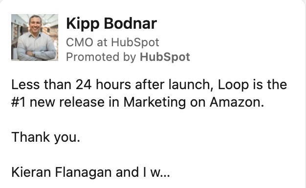 A thought-leader ad card: Kipp Bodnar, CMO at HubSpot, Promoted by HubSpot