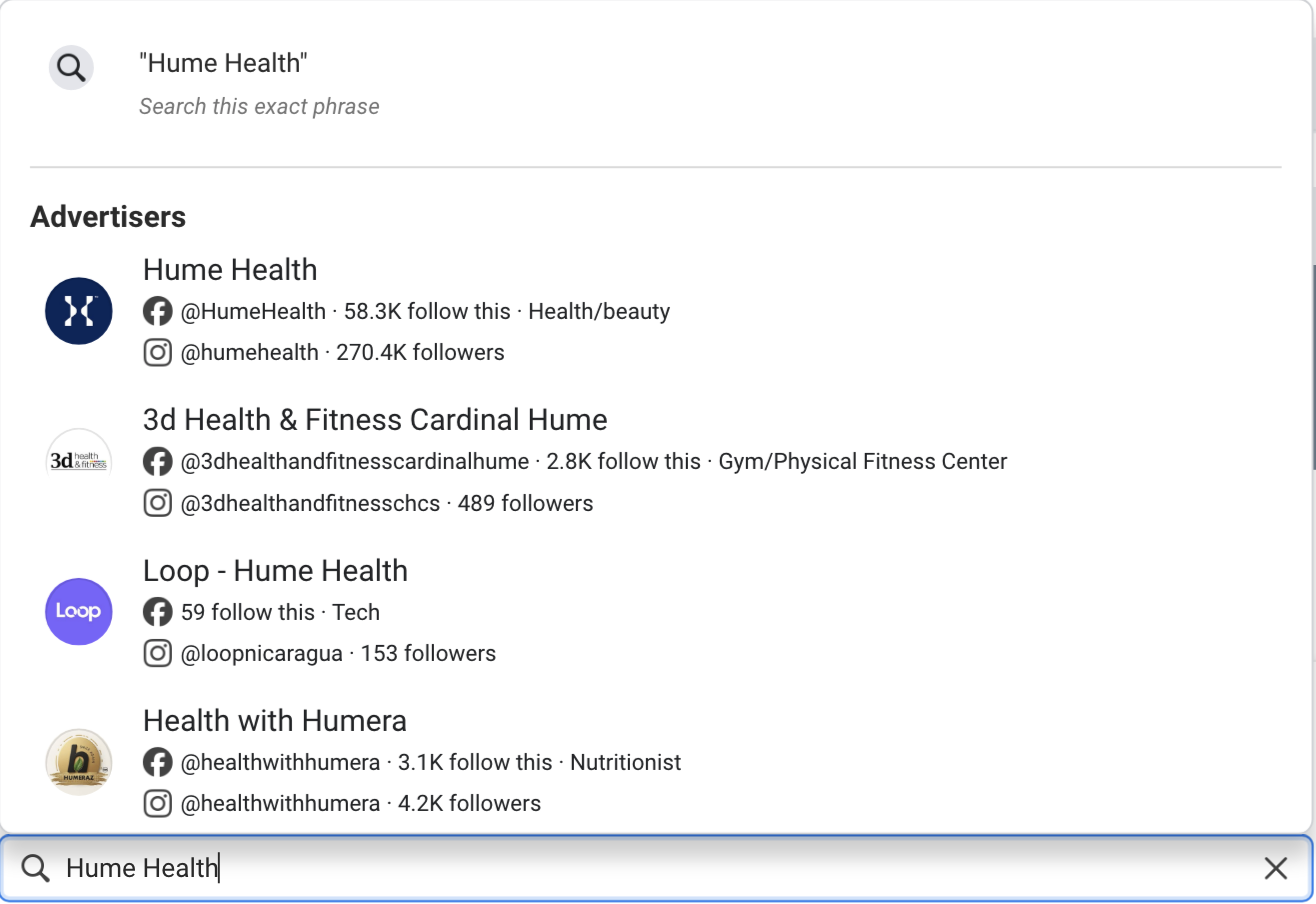 The Meta Ad Library search dropdown for Hume Health, with an exact-phrase search on top and four advertiser pages below it
