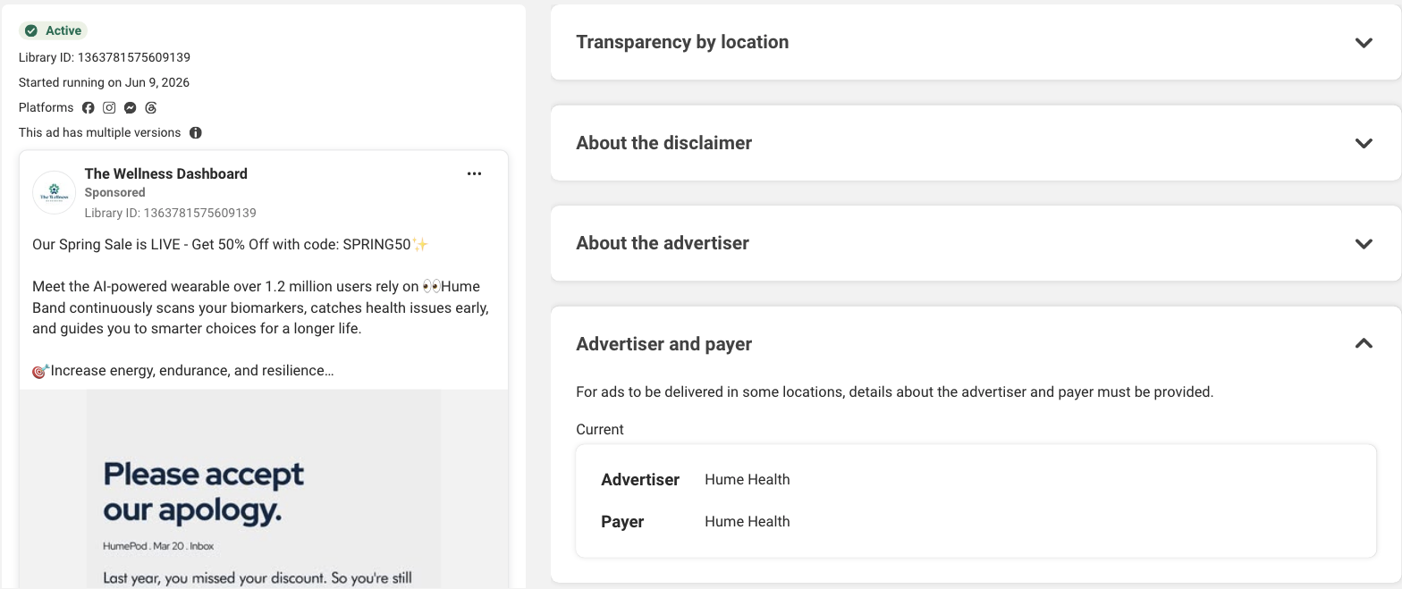 An ad from The Wellness Dashboard page in the Meta Ad Library, with the Advertiser and payer panel naming Hume Health