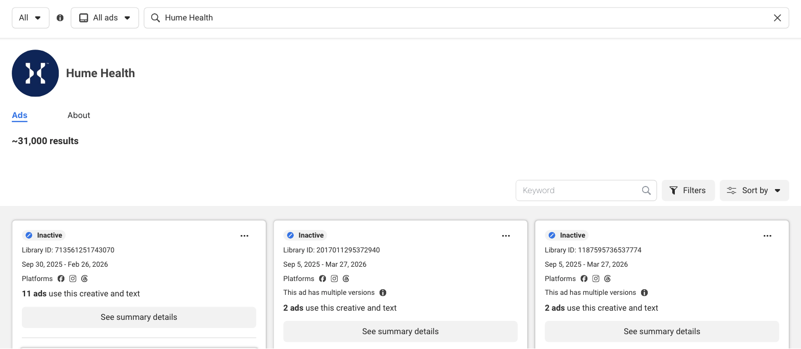 Hume Health's page view with Active status set to All, showing about 31,000 results and three stopped ads on top, each with its start and end date