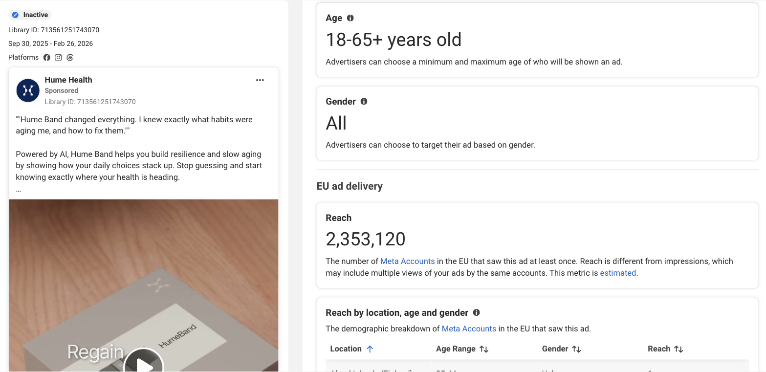 Details of a stopped Hume Band video ad, with EU reach of 2,353,120 and age 18-65+