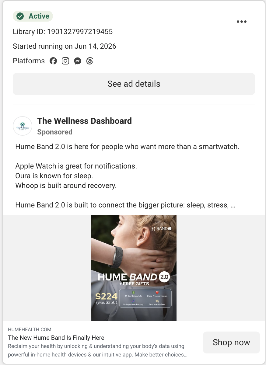 A Wellness Dashboard card for the Hume Band 2.0, ending in HUMEHEALTH.COM, a headline and a Shop now button