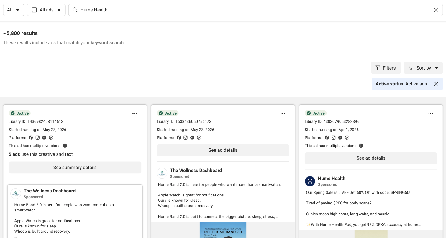 The Meta Ad Library after searching for the words Hume Health: about 5,800 results, with the first two ads from a page called The Wellness Dashboard and the third from Hume Health