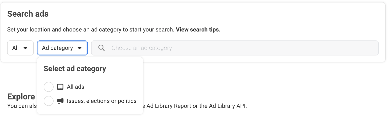 The two boxes to the left of the Meta Ad Library search box: the country, set to All, and the Ad category dropdown, open, with two choices: All ads, and Issues, elections or politics