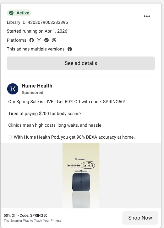 The Hume Pod ad card: started running on April 1, 2026, with the Spring Sale text and a picture of the Pod scale marked $366 crossed out to $183